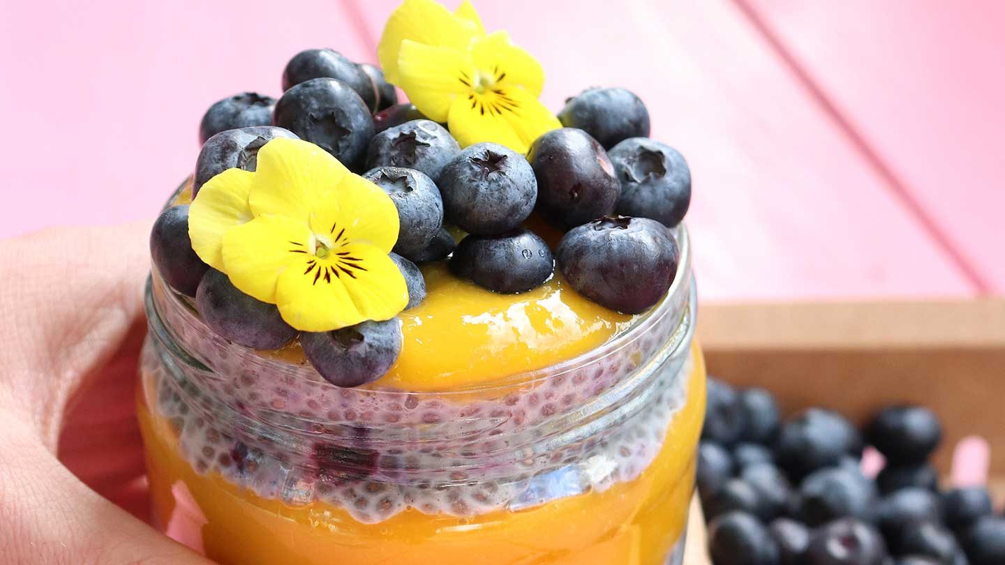 Chia-Dessert mit Blaubeeren und Mango 