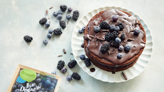 Veganer Schokoladenkuchen mit Brombeeren und Blaubeeren Driscoll's